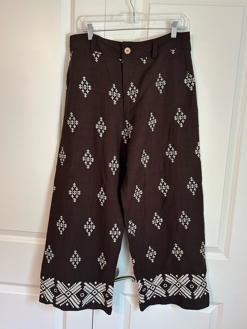 Calypso St. Barth Embroidered Wide-Leg Linen Blend Pants chocolate brown L